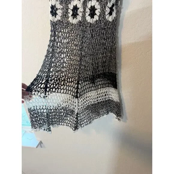 Hand Knit Crochet Mini Dress Tunic Black White S/M Stretchy - Picture 7 of 9